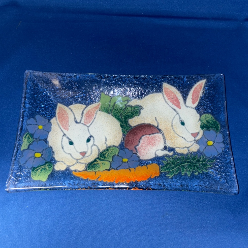 Peggy Karr Art Fused Glass Tray Dish Spring Easter Bunny Rabbit Garden Signed